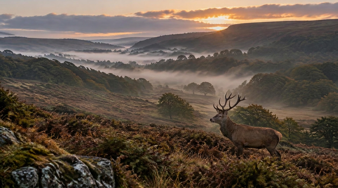 Red deer stag overlooking misty Exmoor moorland at dawn